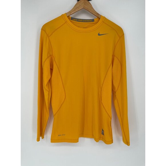 Nike Pro Combat Long Sleeve Fitted Athletic T Shirt Mens Size Small Yellow - Picture 1 of 7